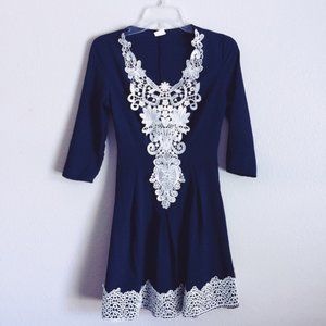 Navy Blue White Embellished Flare Dress